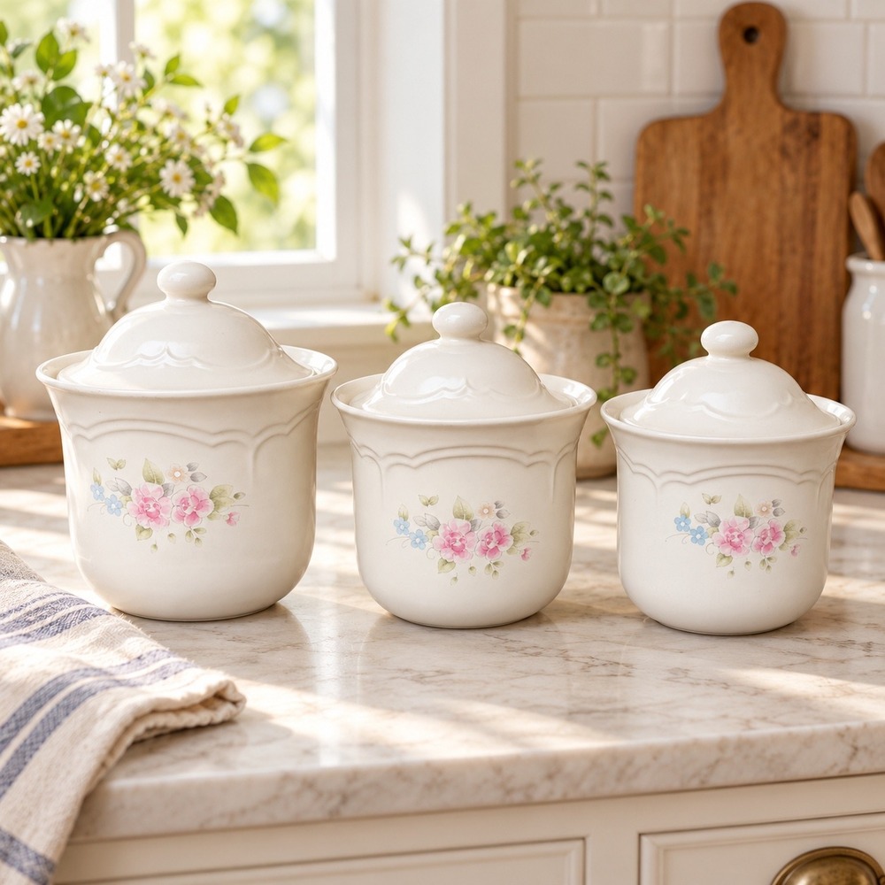 Vintage Pfaltzgraff Tea Rose Canister Set of 3 Cottagecore Floral Kitchen Decor